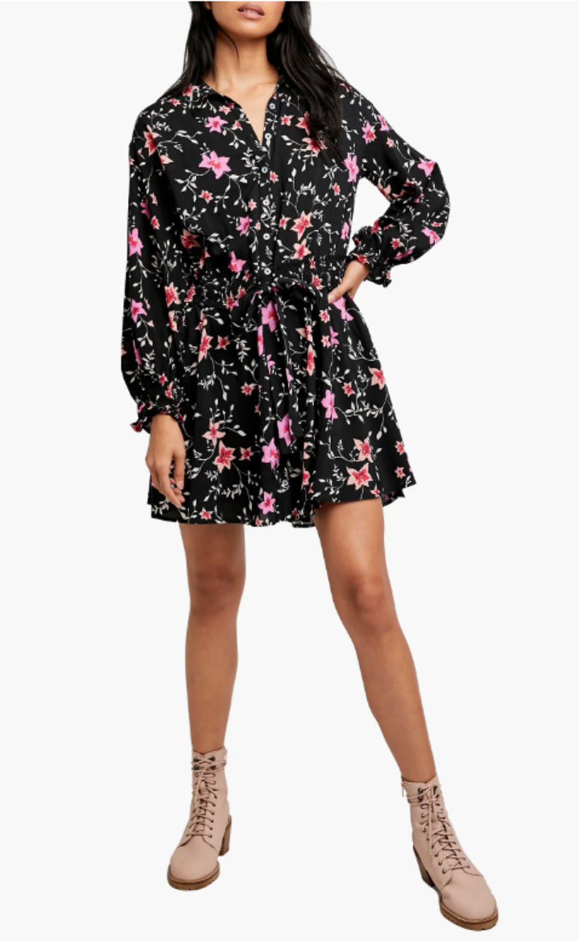 Free People Lighten Up Floral Shirt Dress Womens Large Black Tie Waist Boho